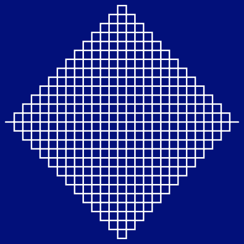 This example draws a Peano curve in the form of a rhombus, using depth 3 of iterations. The image size is 500x500px and distance of 10 pixels between rhombus vertices and image frame.