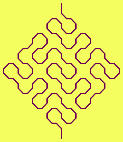This example rounds the corners of Peano curve when it turns. Here canvas is slightly stretched vertically and has a size of 400x460 pixels, and the direction for drawing the Peano curve is set to up.