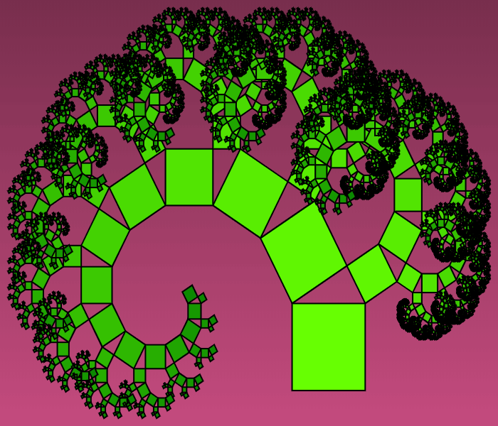 In this example, the angle of rotation of the left square is 30 degrees and the right is 60 degrees. As a result, left and right squares have different sizes and the whole tree is tilted to the left side. We also stretched the image horizontally by setting its size to 700x600px and set a black outline for squares with a thickness of 2px.