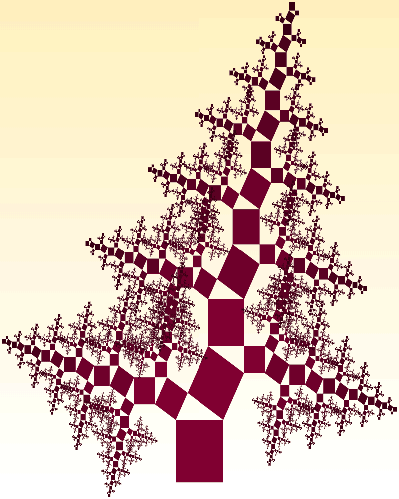 In this example, we draw a coniferous Pythagoras tree, with individual segment gradient. In this type of tree, the angle of rotation alternates at every level. On the first level, the left square rotates 60 degrees, and on the second level, the right square rotates 60 degrees, and so on. We set the rectangular shape of the image (800x1000px) and generate 15 iterations, without using a border around squares.