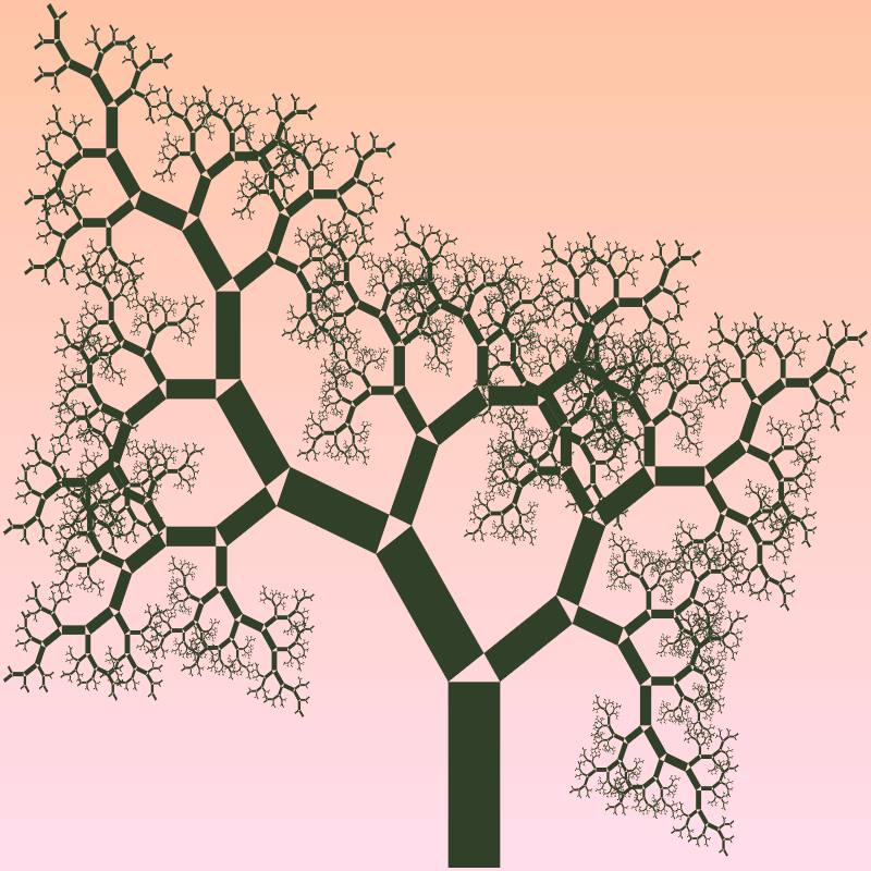 In this example, we generate a tree that looks very realistic, like you see in nature. This is achieved by selecting the semi-coniferous tree type option (where alpha and beta angles swap every two levels), setting the alpha angle to 34 degrees (beta is automatically set to 56 degrees), and using a non-square base rectangle. The height of each rectangle is 3 times greater than its width. This aspect ratio makes this Pythagoras tree look very realistic and all branches bend very smoothly. We also chose to use a gradient only for the background here and draw 14 iterative levels.