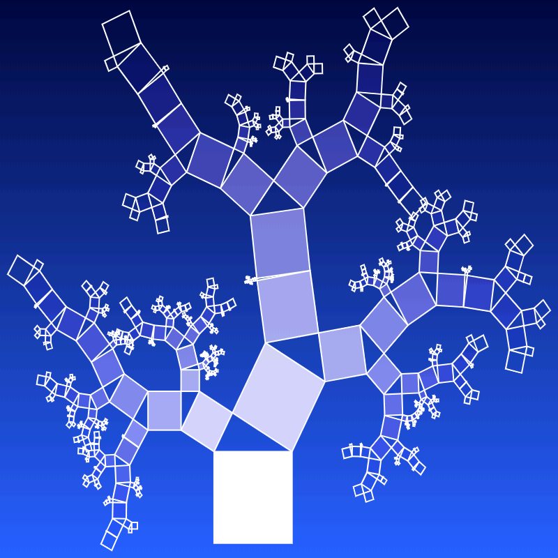 This example uses a different tree randomization method. Here the rotation angles are randomly selected for each pair of squares. The branches each time tilt in different directions, creating a chaotic tree shape. An interesting feature of this tree is its disappearance at the tips. As we've set only the lower color of the tree's gradient, its upper part becomes transparent, and only the white outline shows the shape of twigs and twiglets.