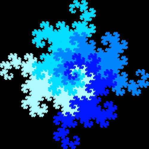 In this example we use four different tones of blue color for each of the dragons. Combining it with black background color creates an amazing fractal. We're using 16 steps to generate the quaddragon curve. There are so many line segments and they are so close together that a line with width of 1px is enough to fill all dragons with a solid color.
