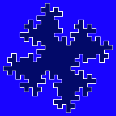 This example draws a quadric Koch flake using three iterations. Here two shades of blue are used for the background and fill, and white color for the contour. Canvas is 400x400px and line width is 4px.