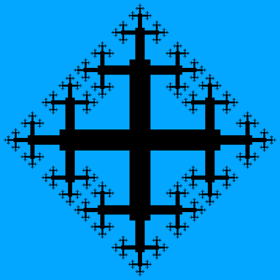 This example draws a fractal using 8 iterations. We set the line thickness to zero, so the cross is painted in two colors – blue for the background, and black for the cross.