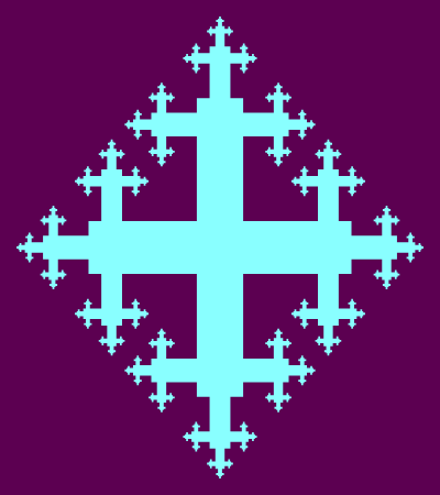 In this example, the quadric cross has vertical legs longer than horizontal because the size of the fractal is set to 400x450px. It uses 5 iterative steps, padding is set to 15 pixels and cross's border to 0px.