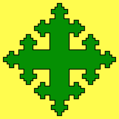This example generates a green quadratic cross, with a black contour on a lemon-yellow background. There are 3 recursive quadratic expansions on a canvas of size 400 by 400 pixels.