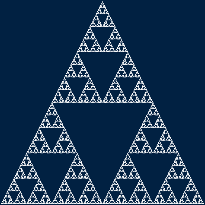 This example generates a full-blown Sierpinski triangle. As the order of the curve gets bigger, the curve becomes indistinguishable from a triangle. Here we set iterations to 9 to demonstrate it.