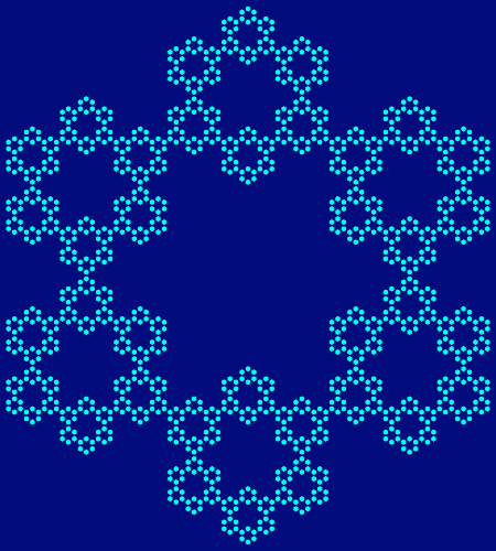 This example generates a fifth order Sierpinsky hexflake on a 450 by 500 pixels rectangle canvas. It also changes the drawing direction to up so the hexagon is rotated by 30 degrees. We also select the type of this hexflake to be regular, which means centers of the shape are left empty in all iterations. Additionally we set padding to 5 pixels and contour line's thickness to 1 pixel.