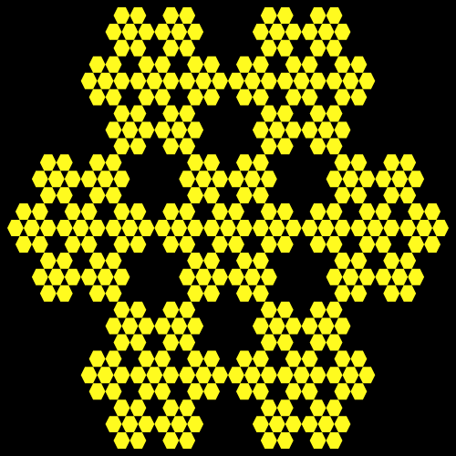 In this example we choose the fully-filled hexagon option. What this does is it fills all the hexagons with another extra hexagon and you get hexagons in hexagons. This example sets curve contour thickness to zero and as a result only two colors are used – yellow for hexagons and black for the background.