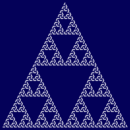 This example draws the triangular Sierpinski maze using 7 iterations. Here you can clearly see how the maze starts converging to the regular Sierpinski triangle. We used keyword white to set white color for the line and set a dark blue color for background using a hex code.