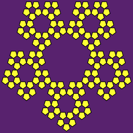 This example generates a regular Sierpinski pentaflake. Regular here means that it's created by placing five new pentagons in each vertex of the previous pentagon. We also turned the pentaflake upside down and set 3 pixels line thickness, 5 pixels padding and 4 iterations.