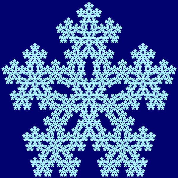 This example generates the third form of the Sierpinski pentagon, which places extra pentagons in the center of all new pentagons, not just the middle one. Pentagon border line thickness is set to zero and it uses two contrasting shades of blue to make the fractal look like a snowflake.