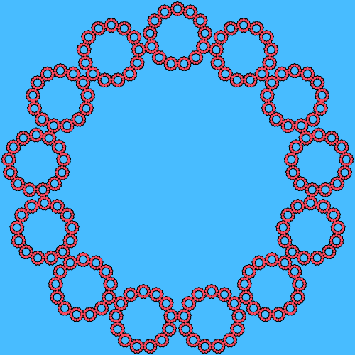 In this example, the fractal shape is similar to a circle because we use a 13-sided polygon as the basis. It uses 4 iterations and sets three colors – blue for the background, black for the contour, and red for the n-gon fill.