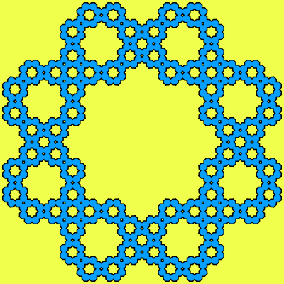 The basis of this example is an octagon (8-sided polygon). With each recursive iteration, each of original octagons is replaced with 8 new octagons. It uses 4 iterations (total of 8*8*8=512 octagons) and if you look very closely you can see that Koch snowflake forms in the center of every octagon.