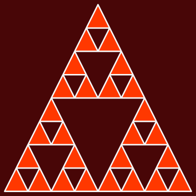 This example iterates Sierpinsky algorithm for 4 iterations and draws it on a 400- by 400-pixel canvas. It uses three different colors to draw it - white for triangles' border, brown for background and red for inner triangles.