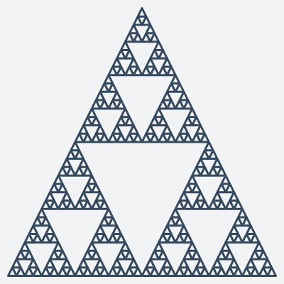 This example uses only two colors to generate a Sierpinski sieve fractal. It sets the transparent fill color and as a result, you get only the outline of all triangles.