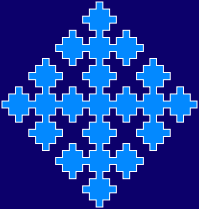This example generates a regular (rhombus form) Sierpinski square fractal. We use 4 iteration steps and a rectangular canvas of 400 by 420 pixels. We add extra space of 3px around the fractal from all sides and choose line width of 2 pixels.
