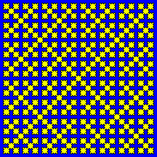 In this example, we use a square shape form for the fractal. In this case, the regular Sierpinski square is turned over by 45 degrees and it becomes a space-filling curve. This example draws the fractal of size 500x500px for 6 generations and uses a yellow-blue-white color theme.