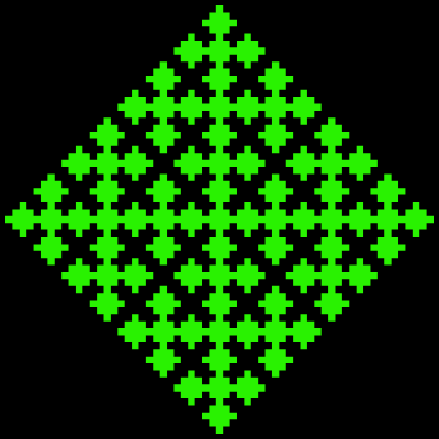 This example draws a rhombus-shaped fractal without the contour line around the fractal. As a result only two colors are used – green fill color and black background color. The rhombus is inscribed in a 400-by-400 square canvas and is offset by 5 pixels from the edges.