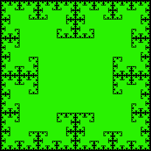 This example generates a two-color T-square curve using 7 iterations. It sets line width to 0 and as a result, only two colors are used. The dimensions of this T-fractal are set to 522x522 pixels.