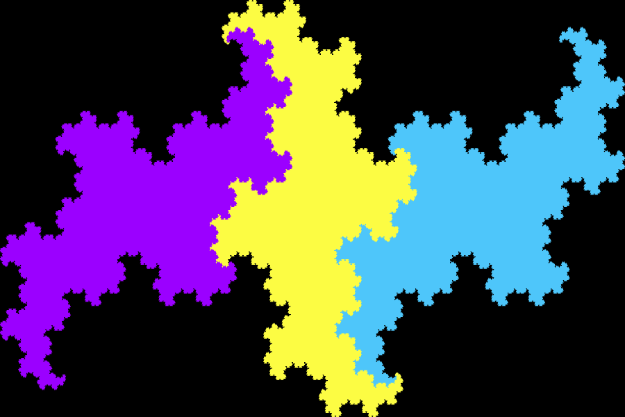In this example the terdragon is generated for 11 iterations and it uses four different colors – purple, yellow and blue for dragons, and black for the background. As there are 11 iterations the fractal gets filled with solid color as all lines get drawn very close together. We also set the padding to zero and dragon line width of 2px.