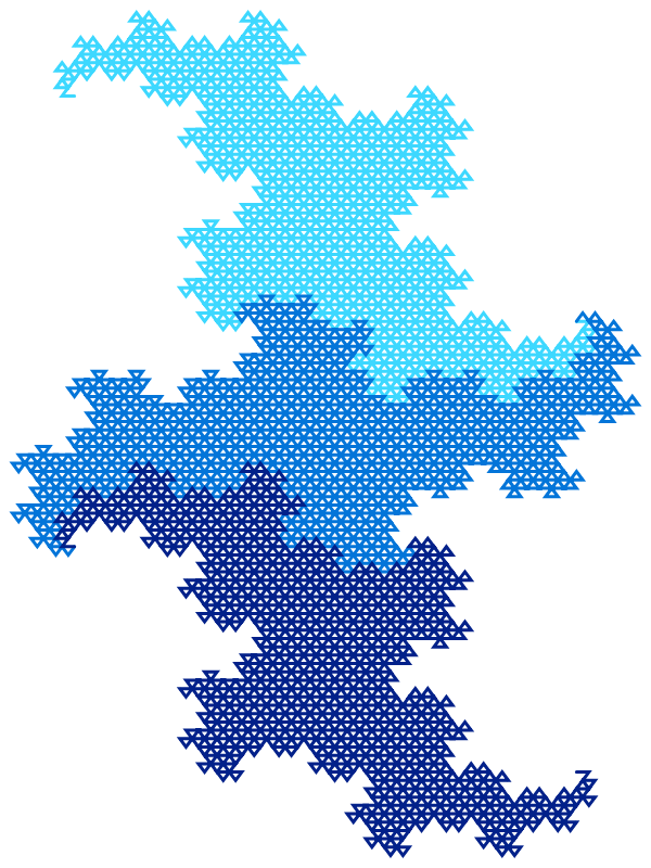In this example we generate 8 iterations of the three dragon fractal. The 8th iteration makes two of the dragons align vertically and one of them align horizontally and to better visualize them we set height to 800px but width to 600px. We use three shades of blue for dragon lines and use a white background color. Dragon line thickness is set to 3 pixels.
