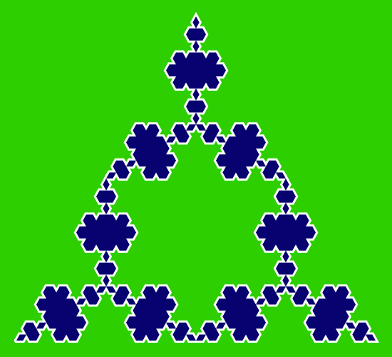 This example creates only the three antisnowflakes and doesn't fill the center. This is achieved by setting center fill color to the background color. This fractal is drawn on a rectangular canvas (550 by 500 pixels) and a large space around the edges of the image is added (20 pixels).