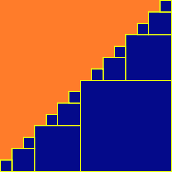 In this example, we changed the initial direction of fractal growth to the north-west. As a result, we got a V-tree fractal that looks like a bunch of boxes. We painted the boxes in blue and set the background to orange for the contrast. We grew the fractal for 4 recursive iterations and didn't use padding around it. The canvas was 600x600 px square.