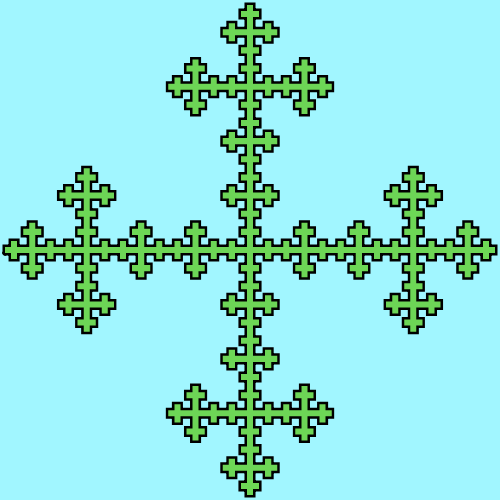 This example generates a Vicsek box with a black outline and green inside on a light blue background. It uses 4 iterations to generate this fractal.