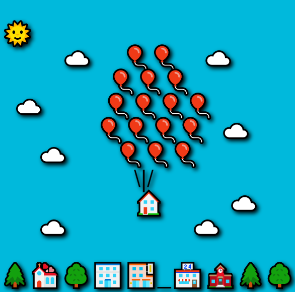 In this example, we create an image of a house being lifted up by the balloons from the famous adventure film "Up". We use several dozen emojis to create this drawing, including buildings, trees, balloons, clouds, and the Sun. We set a light blue color for the sky and add a dark shadow around the emoticons. We use the black color for emoticon outline and choose the "Sans-Serif" font of 48 pixels in size to draw them.