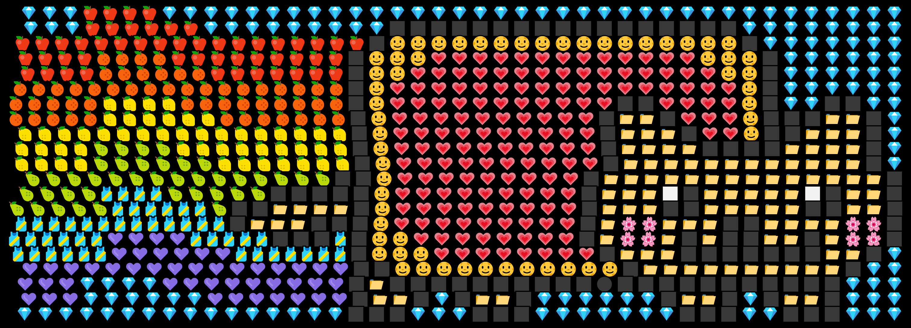This example draws the well-known Nyan Cat Internet meme from various Unicode emojis. It uses hearts, fruits, gemstones, flowers, and other emoticons as individual colorful pixels. It sets the black color for the background and aligns all emojis to the right side as that's the direction where the cat is flying.