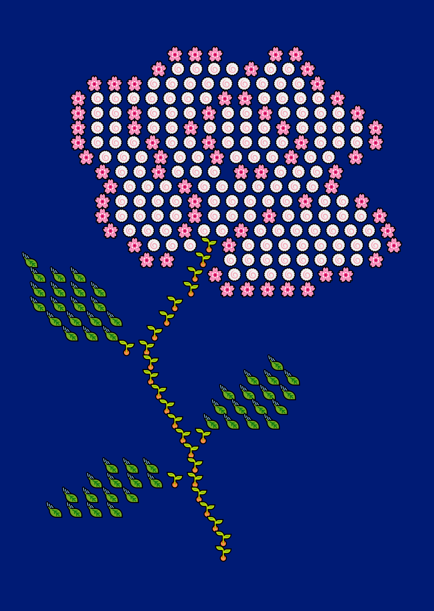 In this example, we paint a rose from just four Unicode pictograms. We use the "cherry blossom" and "fish cake" icons for the rose petals, "seedling" icon for the stem, and "leaf fluttering in wind" for the leaves. We place the flower on a large navy-blue canvas measuring 1400 by 2000 pixels and add a padding of 40 pixels around it. We align the rose to the middle of the image and set the Monospace font for the icons.