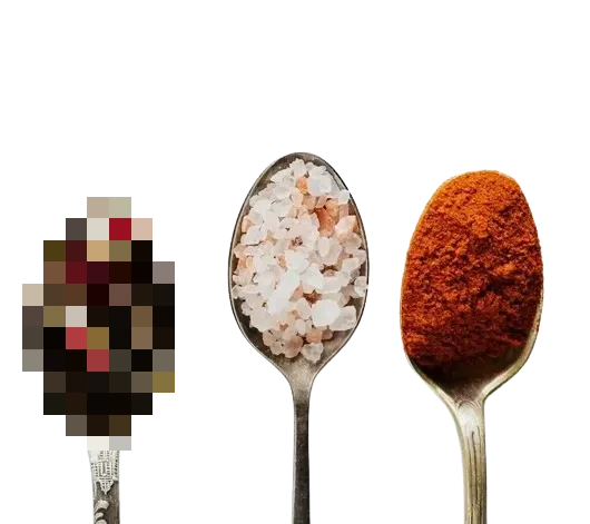 In this example, we apply a pixelation effect to a rectangular area of a transparent WebP image showing assorted spices on spoons. Our goal is to conceal the super secret ingredient that we use in our signature dish. To do it, we set the pixelation block size to 20 pixels and create the pixelated rectangle at coordinates (14, 169) with a width of 164 pixels and a height of 236 pixels. (Source: Pexels.)