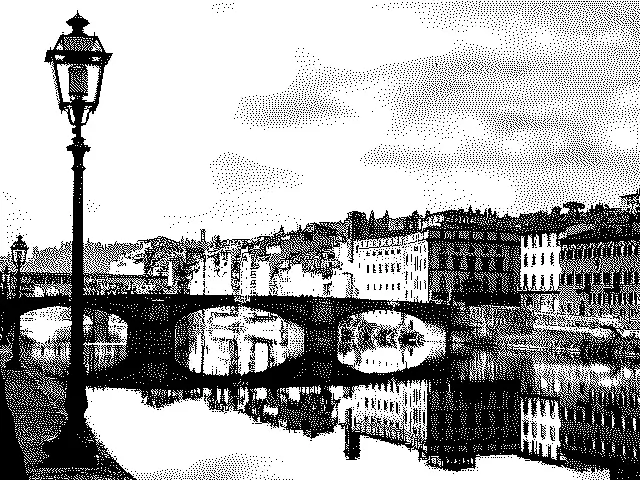 In this example, we use dithering to create a black and white WebP of the Ponte Vecchio bridge in Florence. Dithering uses dots of varying density to simulate shades of gray, resulting in smoother transitions between light and dark colors. Here, we use the Burkes dithering method, which is great for reducing artifacts and preserving detail. (Source: Pexels.)