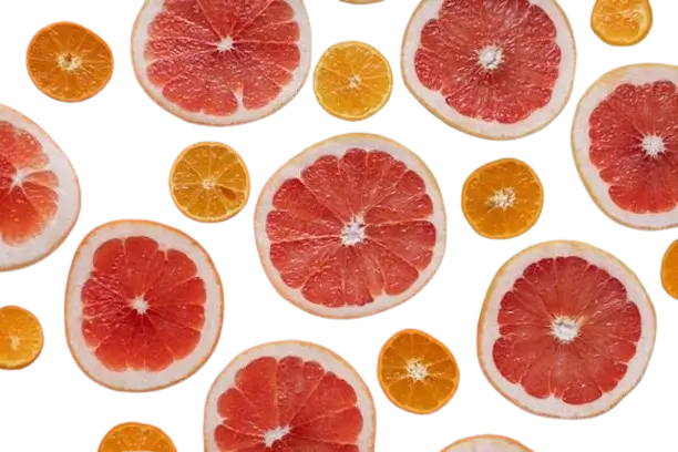 In this example, we load a WebP sticker of citrus fruits with a transparent background and apply the color inversion effect to it. We choose a circular area covering the central slice of grapefruit and activate the reverse color inversion option. This option inverts colors everywhere but the selected circle. As a result, all citrus fruits except those within the circular area become inverted and change their color from orange to blue. (Source: Pexels.)