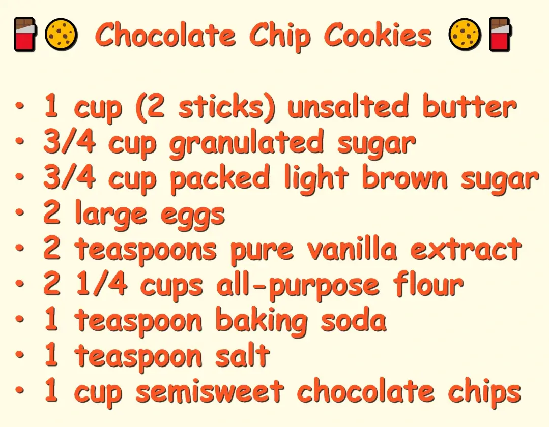 In this example, we convert a chocolate chip cookie recipe into an attractive WebP image. As we plan to post this WebP on our Instagram and Facebook channels, we need to make it especially nice. To make the recipe eye-catching, we add bright emojis to the title and use the unusual Comic Sans MS font with bright text colors and a shadow.