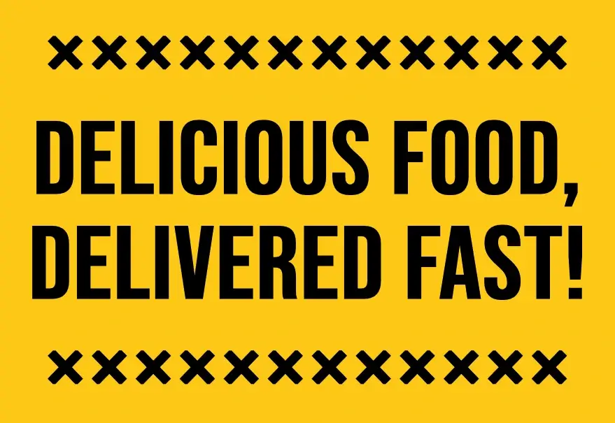 In this example, we use our tool to create a catchy advertisement banner for a food delivery company. For the text, we use the unique font "Bebas Neue", which we upload using a URL to Google Fonts (in custom font mode). We also add decorative elements at the top and bottom of the slogan, turn on the bold mode, and fill the background with a bright yellow color.