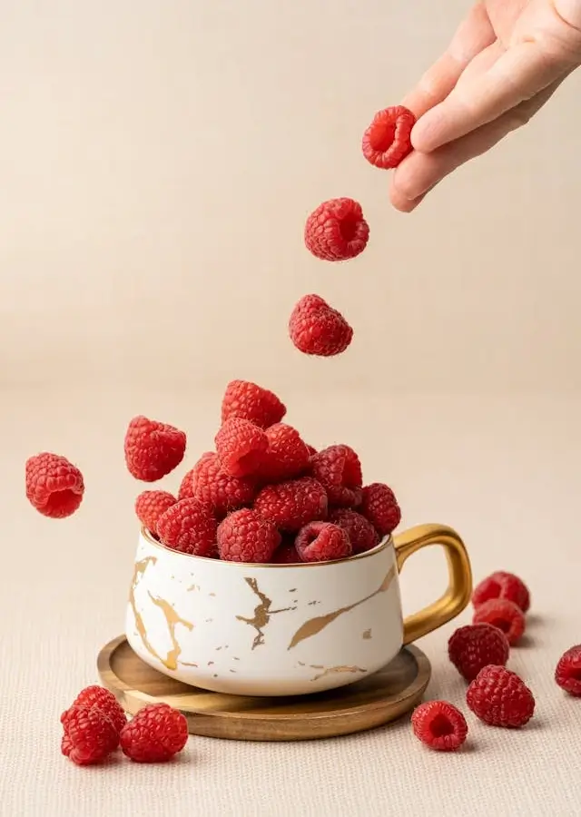 In this example, we vertically flip an artistic WebP photo of raspberries falling into a ceramic cup. This vertical mirroring reverses the photo orientation and creates an illusion that raspberries are not falling downwards but instead are rising upwards. (Source: Pexels.)