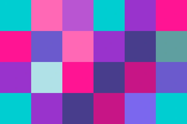 This example generates a 600×400 WebP using large random tiles for filling. It sets the block size to 100 pixels, resulting in 6 horizontal tiles and 4 vertical tiles. For the tile colors, it uses 12 listed colors of blue and purple shades, which it randomly selects to fill each of the tiles.