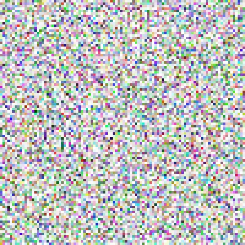 In this example, we create a random 500×500 WebP image with a small pixelation effect. Each of the randomly generated colors fills a 5x5 square pixel. In total, the entire 500×500 WebP contains 10,000 such square blocks. To fill this WebP with all possible colors, we leave the color list empty, which makes the tool pick colors from all available RGBA colors.