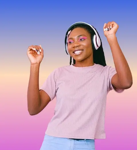 In this example, we replace all alpha pixels in a WebP sticker of a woman enjoying music with a linear gradient. The flow direction of the gradient is set from the top to bottom and it transitions through three colors – Royal Blue, Peach Puff, and Orchid. This transition adds a stylish backdrop to the sticker. (Source: Pexels.)